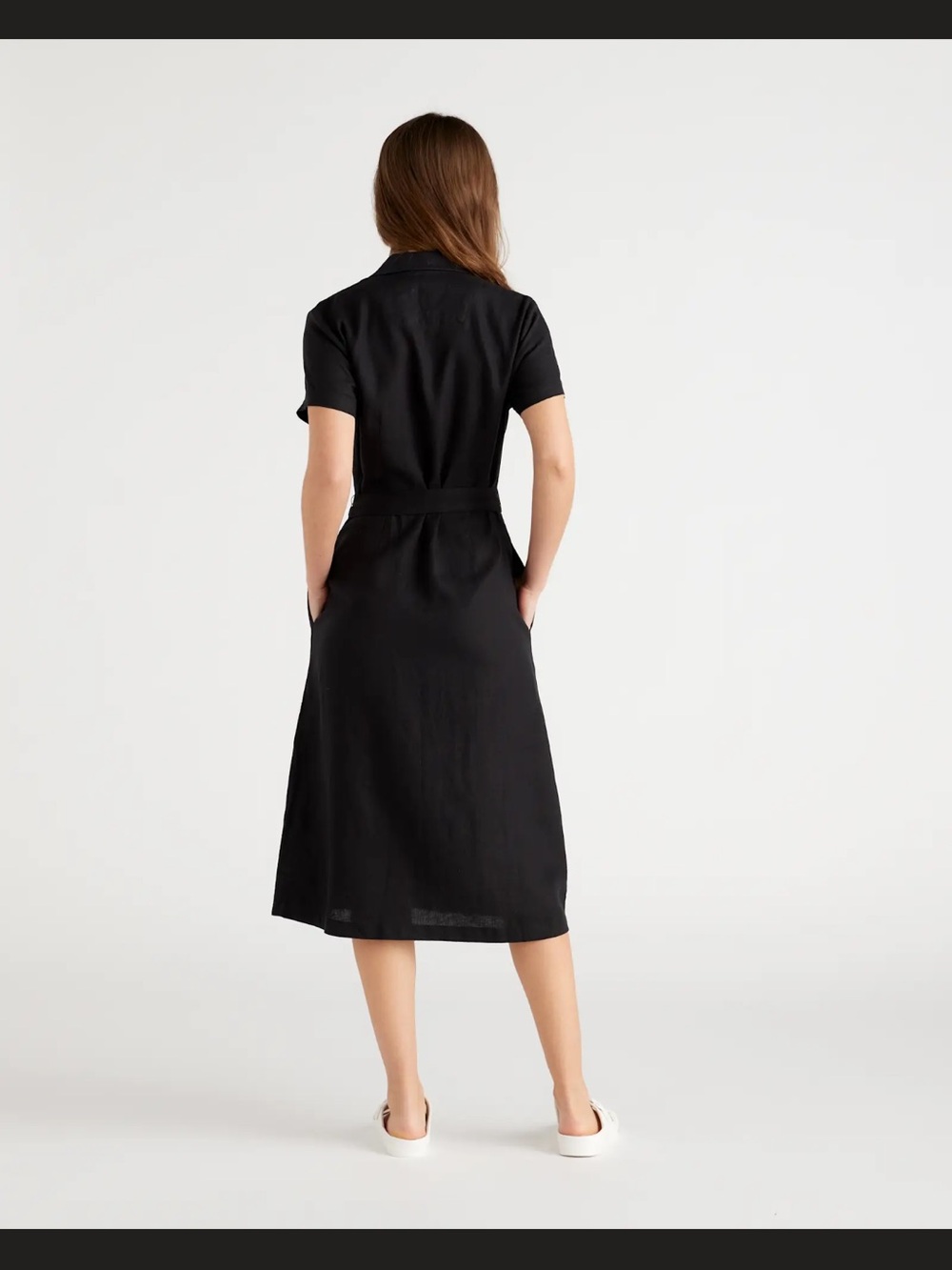 Quince Black Midi Button-Front Linen Dress with Waist Tie - Picture 7 of 8